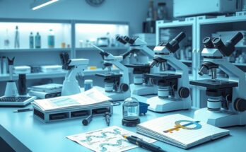 Laboratory setting with genetic models and research tools illustrating cancer research advancements.
