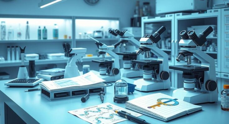 Laboratory setting with genetic models and research tools illustrating cancer research advancements.