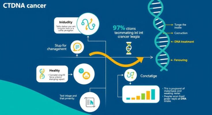 Diagram showing ctDNA technology in breast cancer treatment with a focus on testing and treatment outcomes.