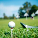 Lapangan golf yang hijau dengan bola golf dan tongkat golf di samping tee, mewakili semangat berjuang melawan kanker.