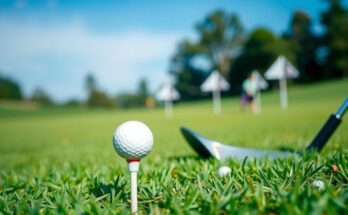 Lapangan golf yang hijau dengan bola golf dan tongkat golf di samping tee, mewakili semangat berjuang melawan kanker.