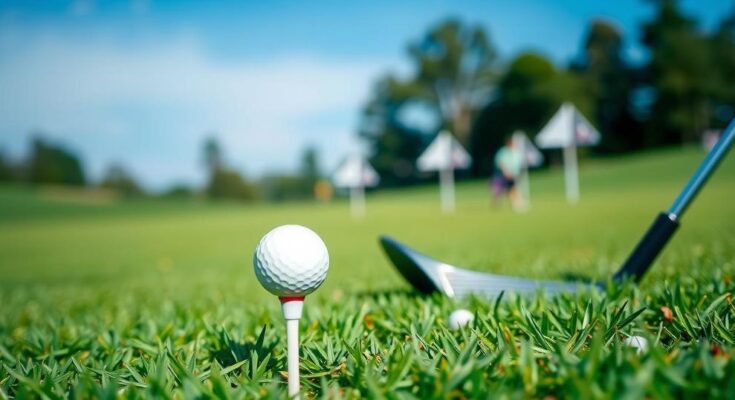 Lapangan golf yang hijau dengan bola golf dan tongkat golf di samping tee, mewakili semangat berjuang melawan kanker.