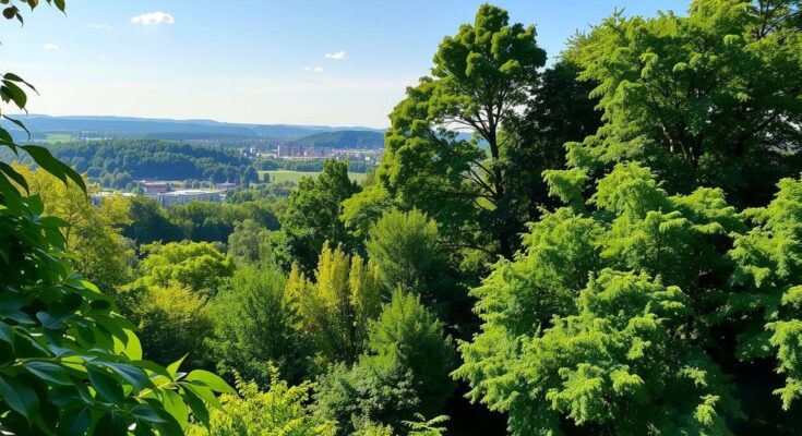 Pemandangan alam indah di Upstate New York dengan warna hijau daunan dan awan cerah, merepresentasikan kesehatan.
