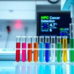 Pemandangan laboratorium yang modern dengan alat uji darah dan tabung reaksi berwarna cerah.