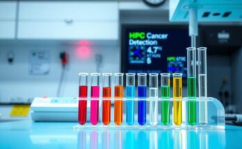 Pemandangan laboratorium yang modern dengan alat uji darah dan tabung reaksi berwarna cerah.