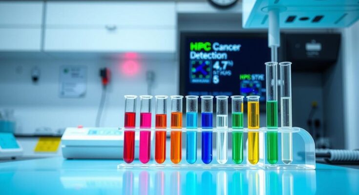 Pemandangan laboratorium yang modern dengan alat uji darah dan tabung reaksi berwarna cerah.