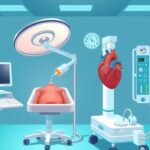 Ilustrasi laboratorium penelitian dengan alat medis untuk intervensi jantung pada pasien kanker.