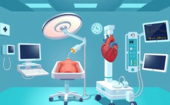 Ilustrasi laboratorium penelitian dengan alat medis untuk intervensi jantung pada pasien kanker.