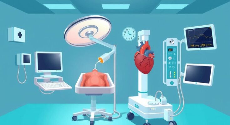 Ilustrasi laboratorium penelitian dengan alat medis untuk intervensi jantung pada pasien kanker.