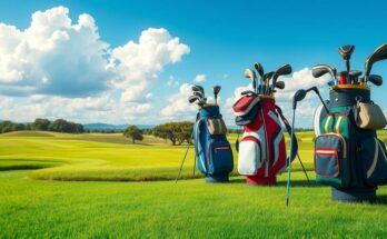 Lapangan golf dengan latar belakang langit biru cerah, tas golf dan alat olahraga disusun rapi di sisi.