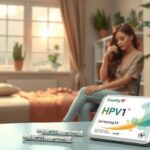Paket alat tes HPV di meja dengan latar belakang suasana rumah yang tenang.