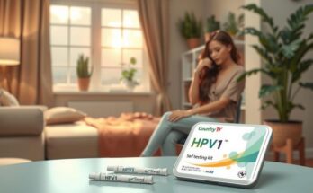 Paket alat tes HPV di meja dengan latar belakang suasana rumah yang tenang.