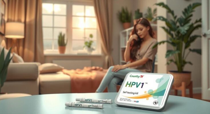 Paket alat tes HPV di meja dengan latar belakang suasana rumah yang tenang.