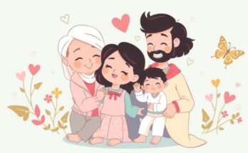 Ilustrasi simbolik penyaringan kesehatan dengan elemen keluarga yang saling mendukung dan cinta dalam nuansa ceria.