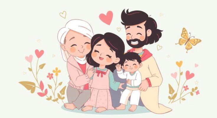 Ilustrasi simbolik penyaringan kesehatan dengan elemen keluarga yang saling mendukung dan cinta dalam nuansa ceria.
