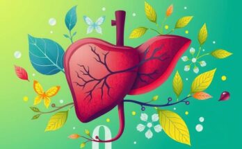 Liver transplant symbols with vibrant colors, depicting hope and resilience, highlighting the journey of recovery and family.