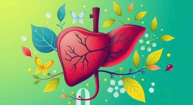 Liver transplant symbols with vibrant colors, depicting hope and resilience, highlighting the journey of recovery and family.