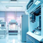 Gambar laboratorium modern dengan peralatan canggih untuk mendeteksi sel kanker dalam darah.