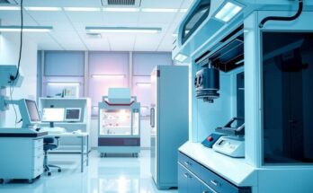 Gambar laboratorium modern dengan peralatan canggih untuk mendeteksi sel kanker dalam darah.