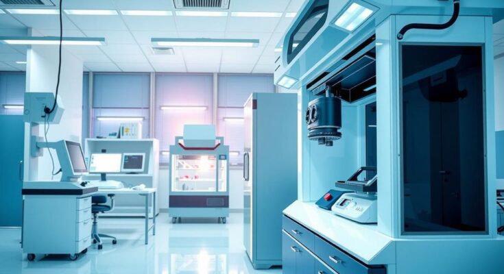 Gambar laboratorium modern dengan peralatan canggih untuk mendeteksi sel kanker dalam darah.