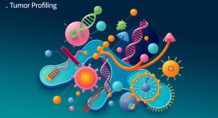 Diagram showing tumor profiling process in vibrant colors, illustrating molecular biological technologies and analysis stages.