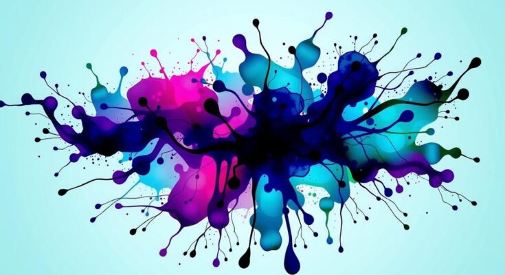 Siluet tinta di berbagai warna dengan arsitektur molekuler yang kompleks, melambangkan kemajuan terapi kanker.