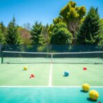 Gambaran wanita aktif berusia 101 tahun di lapangan tenis, dikelilingi oleh momen kebahagiaan dan kesehatan.