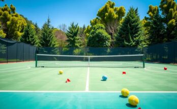 Gambaran wanita aktif berusia 101 tahun di lapangan tenis, dikelilingi oleh momen kebahagiaan dan kesehatan.