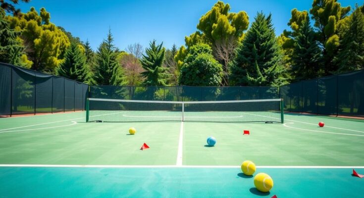 Gambaran wanita aktif berusia 101 tahun di lapangan tenis, dikelilingi oleh momen kebahagiaan dan kesehatan.