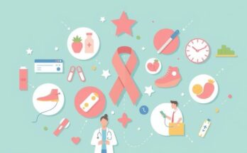 Grafis edukasi tentang pencegahan risiko kanker dengan ilustrasi gaya modern dan palet warna pastel.