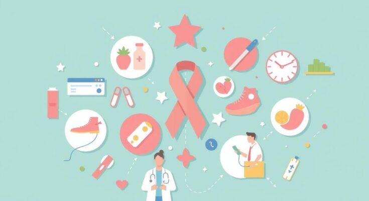 Grafis edukasi tentang pencegahan risiko kanker dengan ilustrasi gaya modern dan palet warna pastel.