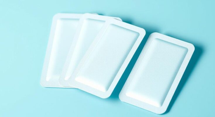 Patches with nanoneedles for painless diagnostics, featuring a sleek design with light blue and white colors.
