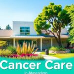 Siluet pusat kesehatan modern dikelilingi taman hijau, simbol perawatan kanker di Atascadero, cerah dan profesional.