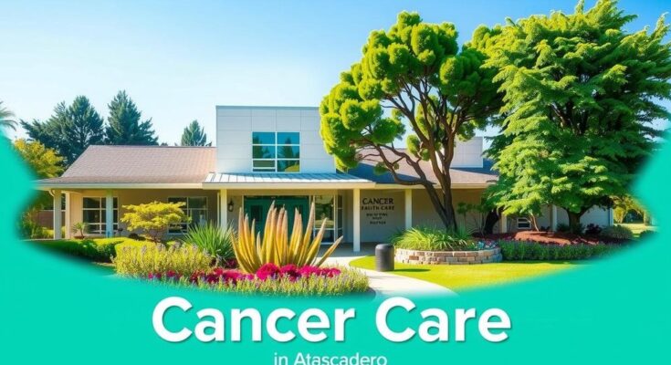 Siluet pusat kesehatan modern dikelilingi taman hijau, simbol perawatan kanker di Atascadero, cerah dan profesional.