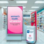 Poster promoting self-sampling test for women's health in a drugstore with modern decor and calming colors.