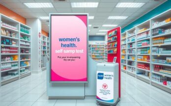 Poster promoting self-sampling test for women's health in a drugstore with modern decor and calming colors.