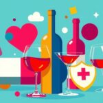 Seni modern ilustrasi tentang hubungan antara alkohol dan kesehatan dengan warna cerah.