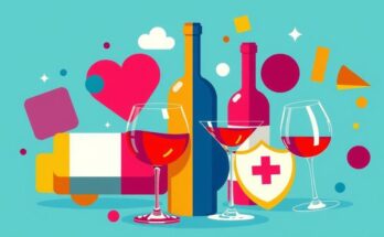 Seni modern ilustrasi tentang hubungan antara alkohol dan kesehatan dengan warna cerah.