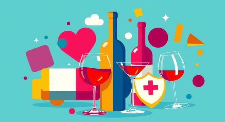 Seni modern ilustrasi tentang hubungan antara alkohol dan kesehatan dengan warna cerah.