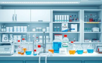 Pemandangan laboratorium modern dengan alat riset dan bahan kimia di atas meja kerja.