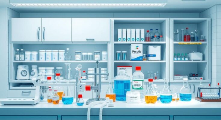 Pemandangan laboratorium modern dengan alat riset dan bahan kimia di atas meja kerja.
