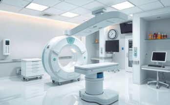 Modern linear accelerator in a hospital treatment room with advanced imaging technology and a neutral color scheme.