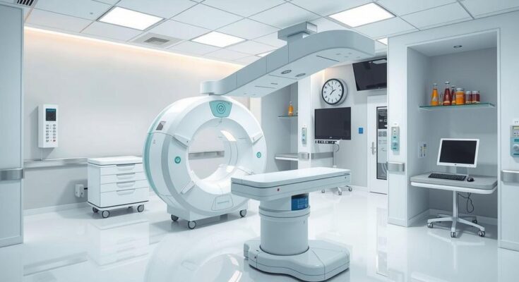 Modern linear accelerator in a hospital treatment room with advanced imaging technology and a neutral color scheme.