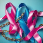 Ribbons symbolizing cancer awareness, entwined with barriers like chains, showcasing challenges in care access.