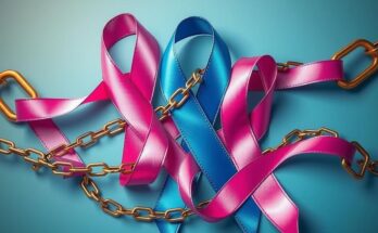 Ribbons symbolizing cancer awareness, entwined with barriers like chains, showcasing challenges in care access.