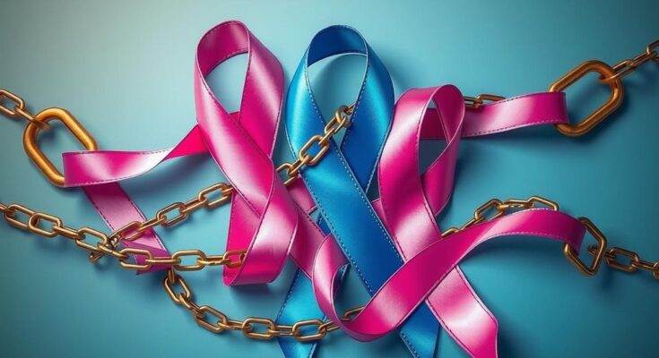 Ribbons symbolizing cancer awareness, entwined with barriers like chains, showcasing challenges in care access.