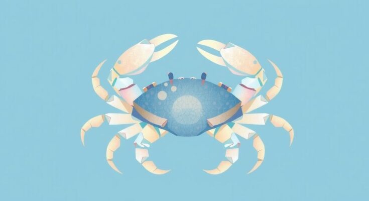 Kanker zodiak dengan simbol kepiting dalam desain pastel biru dan putih, melambangkan kepribadian intuitif dan empatik.