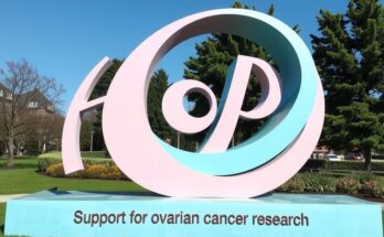 Sculpture symbolizing hope and support for ovarian cancer research with soft colors and modern design.