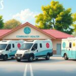 RVs parked at a community center, symbolizing health services and community engagement in Tyler, Texas.