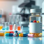 Kapsul dan botol obat dengan latar belakang laboratorium, mewakili penelitian deteksi dini melalui resep obat.
